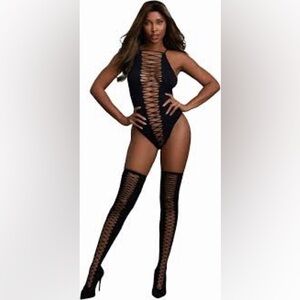 Dreamgirl Black Lace-Up Bodysuit and Thigh-Highs